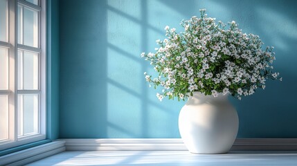 A white vase filled with white flowers sits on a windowsill against a vibrant blue wall. The composition creates a serene and elegant aesthetic.