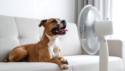 Happy, panting dog cools down by electric fan, lounging on soft sofa with neutral background