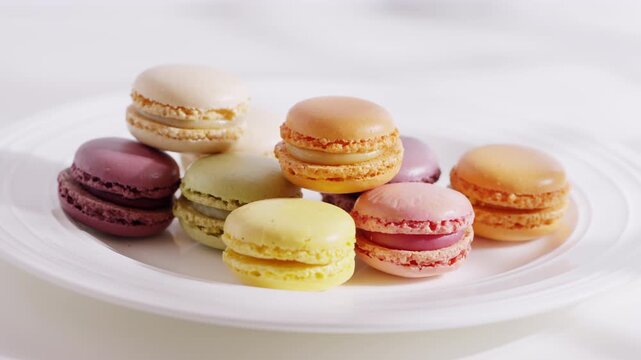 Collection of colorful macarons in various shades sits casually arranged on a plate. . High quality 4k footage