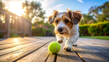 Happy terrier dog excitedly chasing a tennis ball across a sunlit wooden deck in an outdoor setting