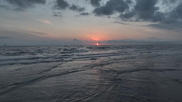 Aerial view of the sun rising over the sea, casting a warm glow on the waves, birds flying over the water, Gilan, iran.