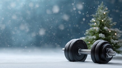 Single dumbbell resting in snow beside a small decorated Christmas tree, soft falling snow