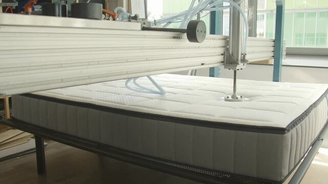 mattress being tested with hydraulic press in mattress production facility.