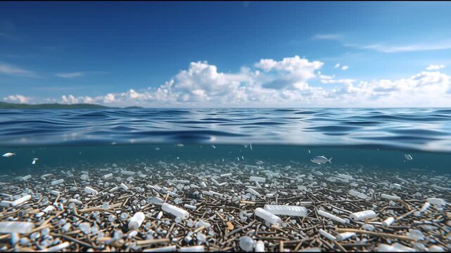 Microplastic ocean pollution plastic debris beach shoreline water sea fish mood undersea horizon cloud day blue microplastic plastic pollution ocean sea water debris waste floating litter broken