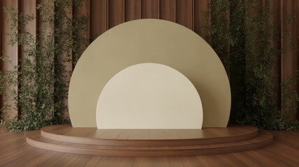 Wooden podium display with beige semicircle backdrop and plant