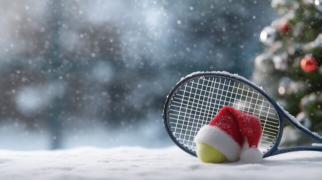 Tennis racket and ball resting in fresh snow, Santa hat on the ball, small decorated Christmas tree nearby, soft snow falling, minimalistic, cozy holiday vibe, blurred background - Powered by Adobe