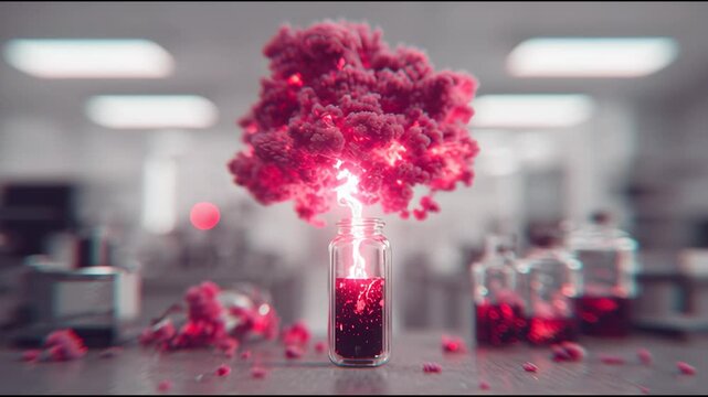 Explosive experiment with red smoke and lightning glass bottle laboratory science danger scene chemical energy spark, toxic cloud vapor fumes explosion surreal hazardous reaction dramatic lighting
