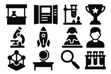 Science Fair Icons. Solid style icons of science fairs: exhibition booth, poster board, experiment setup, trophy, microscope,