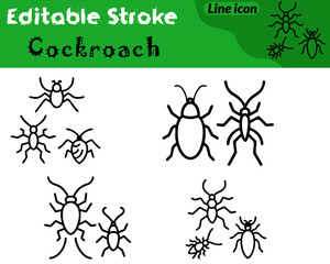 A simple vector icon depicting a cockroach with an oval-shaped body. Segmented abdomen and six thin legs extending outward. The clean outline and minimal details highlight its recognizable insect.