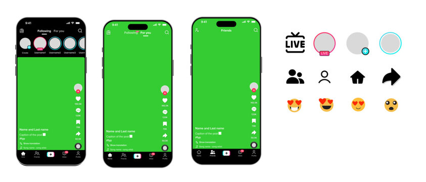 TikTok mockup template with mobile screen layout and TikTok logos on transparent background for short-form content presentation
