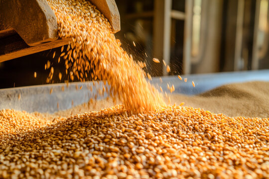 Golden wheat grains cascade from a wooden scoop into a container in a grain processing facility, capturing the essence of agricultural work