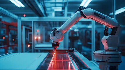 Naklejka premium An advanced robotic arm operates in a modern manufacturing facility, showcasing the integration of technology and automation in industrial processes.