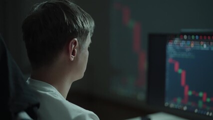 Trader male monitoring real-time financial market data and dynamic trading charts on computer monitors, making critical decisions about digital currency and global investments, rear view, slow motion. - Powered by Adobe