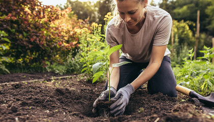 A woman planting a young tree sapling in fertile soil. Symbolizes growth, new beginnings, nature, and sustainability. Ideal for environmental, gardening, or lifestyle concepts.