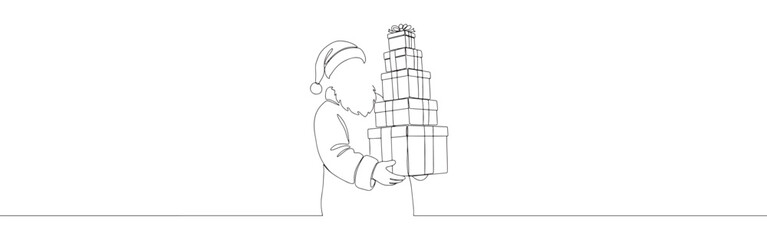 Continuous one thin smooth line simple minimalistic drawing of Santa Claus's head with a beard and hat, carrying stacked gift boxes on a white background