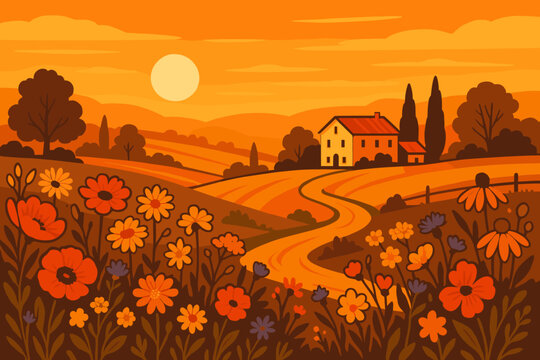 Golden Hour Countryside. Golden hour countryside scene with glowing orange and red tones, vibrant wildflowers in the vector