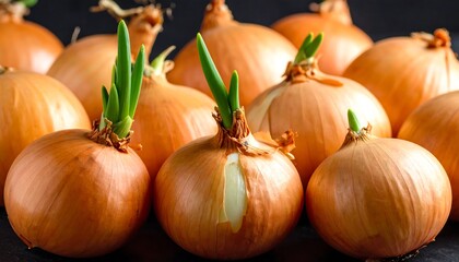 Group of onions with sprouts on dark surface; one onion with exposed flesh