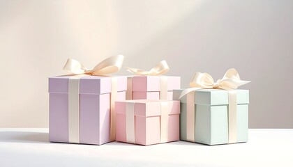 Group of pastel gift boxes tied with ivory ribbons on a white surface against a bright neutral background