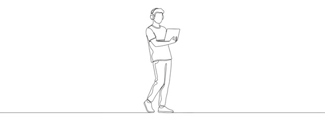Continuous one thin smooth line simple minimalistic drawing of a cheerful student walking, holding a laptop and wearing headphones on a white background
