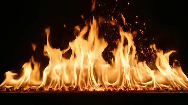 Flames igniting vividly on a black background capture the intense energy of transformation, perfect for representing innovation or change in various commercial contexts such as marketing.