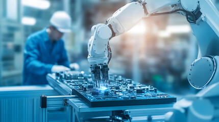 Industrial robot arm assembling electronic circuit board in modern factory