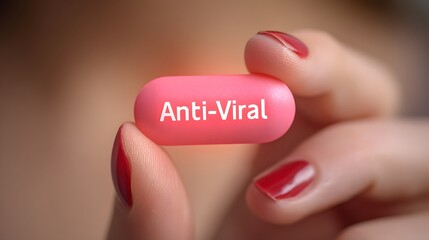Female hand with red nail polish holding a red pill with the word Antiviral. Woman holding a pill with an Antibiotic. Antibiotic concept. text anti viral on the pill