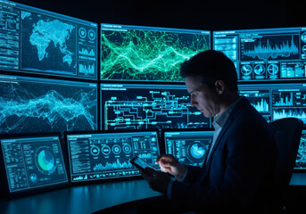 Man in suit works on tablet, global data analysis and network security concept. Cybersecurity expert monitors digital information.