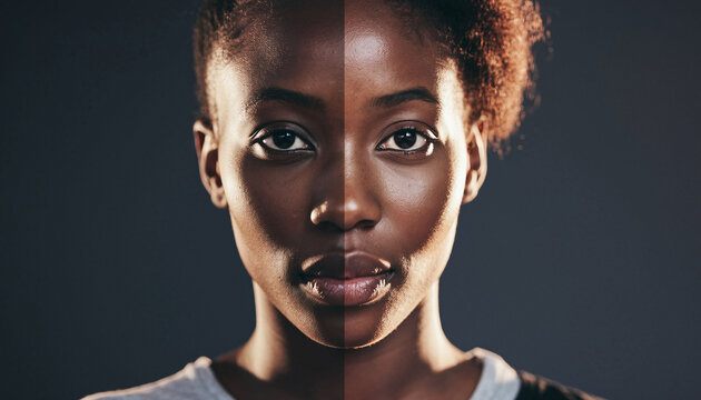 Striking portrait of a confident woman, face bisected with light and shadow. Evokes duality, inner strength, and beauty. Perfect for diversity, skincare, beauty concepts.