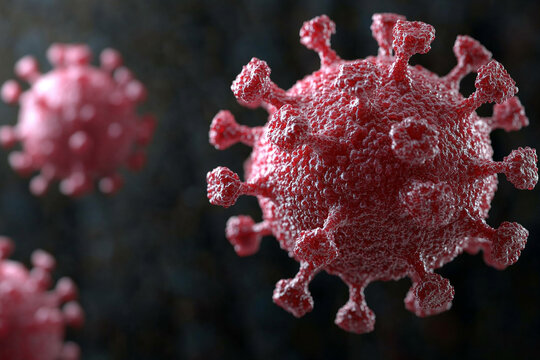 Virus, red blood cells and science with microscope view for research. Zoom immune system or molecule, microscopic organisms in dna of healthcare and experiment process or medicine discovery.