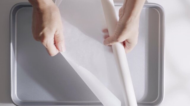 Hands lay a large sheet of parchment paper over an empty metal baking tray. . High quality 4k footage