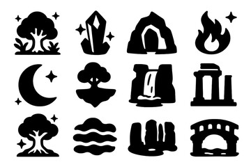 Fototapeta premium Mystical Icon Collection. Solid style icons of mystical environments: enchanted forest, cave entrance, crystal, magical flame,