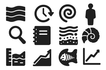 Paleontology Time Tools. Solid style icons of time averaging in paleontology: layered strata, clock, arrow, spiral, human