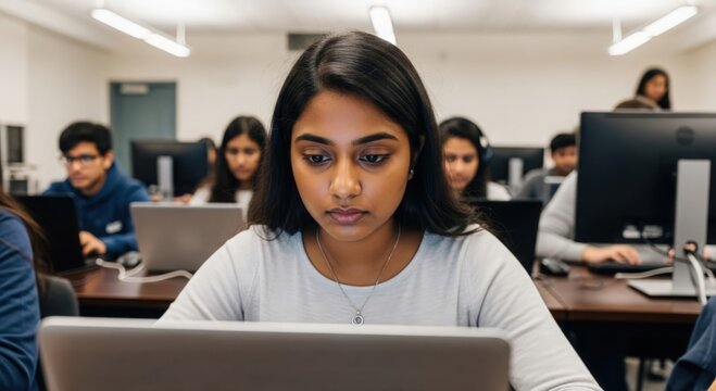 Indian woman studying on laptop in university computer lab — surrounded by students and modern equipment - Powered by Adobe