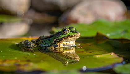 Fototapeta premium Green frog resting on a lily pad, reflecting in calm water. Shallow depth of field and soft light