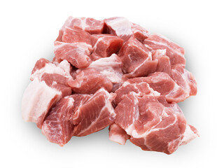 A generous pile of freshly diced raw pork meat cubes with streaks of white fat, isolated on a light gray background.PNG
