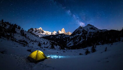 Illuminated tent nestled in a snowy mountain landscape beneath a vast starlit sky