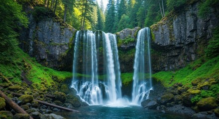 Fototapeta premium Cascading waterfall in lush, mossy forest