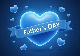 A glowing blue heart with a banner that says fathers day, surrounded by smaller hearts and light effects against a dark blue background