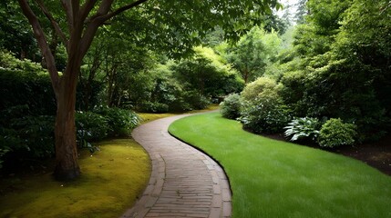 Fototapeta premium A serene garden path winds through lush greenery and manicured lawns on a bright day