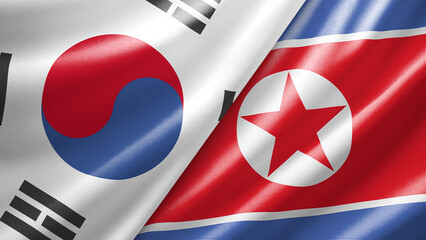 Fototapeta premium South Korea and North Korea two national flags filling the entire frame, close-up view, edge-to-edge composition