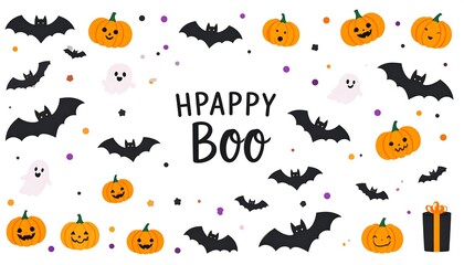 Halloween cartoon background with bats, pumpkins, ghosts, gift and confetti