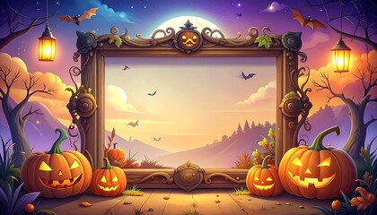 Halloween frame scene. Carved pumpkins sit before a blank frame, set in spooky night with bats and a harvest moon