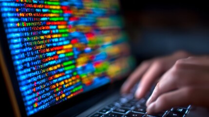 Hands typing on a keyboard with colorful computer code on the screen, symbolizing programming and cybersecurity