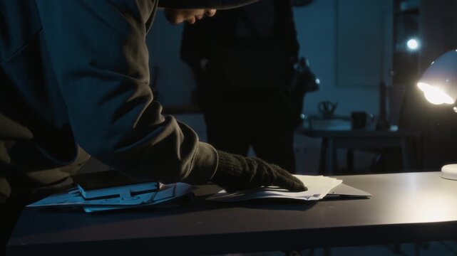 Young thief with headlamp examining business papers and knocking them off work table when his accomplice placing metal safe box on it
