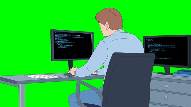 Cartoon programmer coding on dual monitors at office desk on green screen