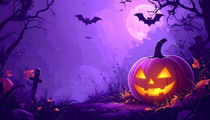 Halloween night scene with grinning pumpkin, bats flying under the full moon, and crosses in a dark, spooky forest