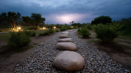 A winding stone path through a garden is illuminated by distant lightning in a stormy twilight sky