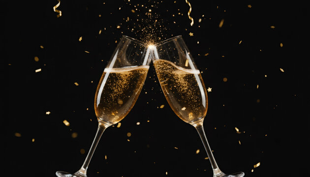 Two champagne glasses toasting with splash and golden confetti on black background. Celebration concept for New Year Eve or Christmas party. Luxury sparkling wine cheers