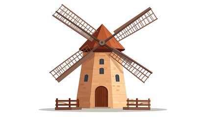 Illustration of a tan, stone windmill with wooden blades and a red-tiled roof against a white background