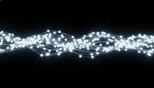 Abstract technology background with glowing white wave of particles. Digital network connection and data flow concept. Futuristic science illustration with copy space